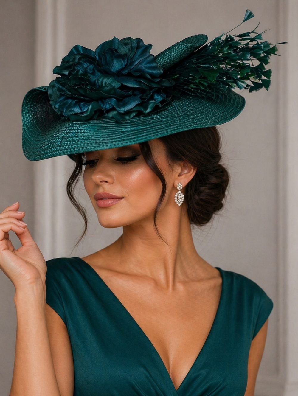 Elegant Women's Teal Floral Wide-Brim Hat - Kentuky Derby